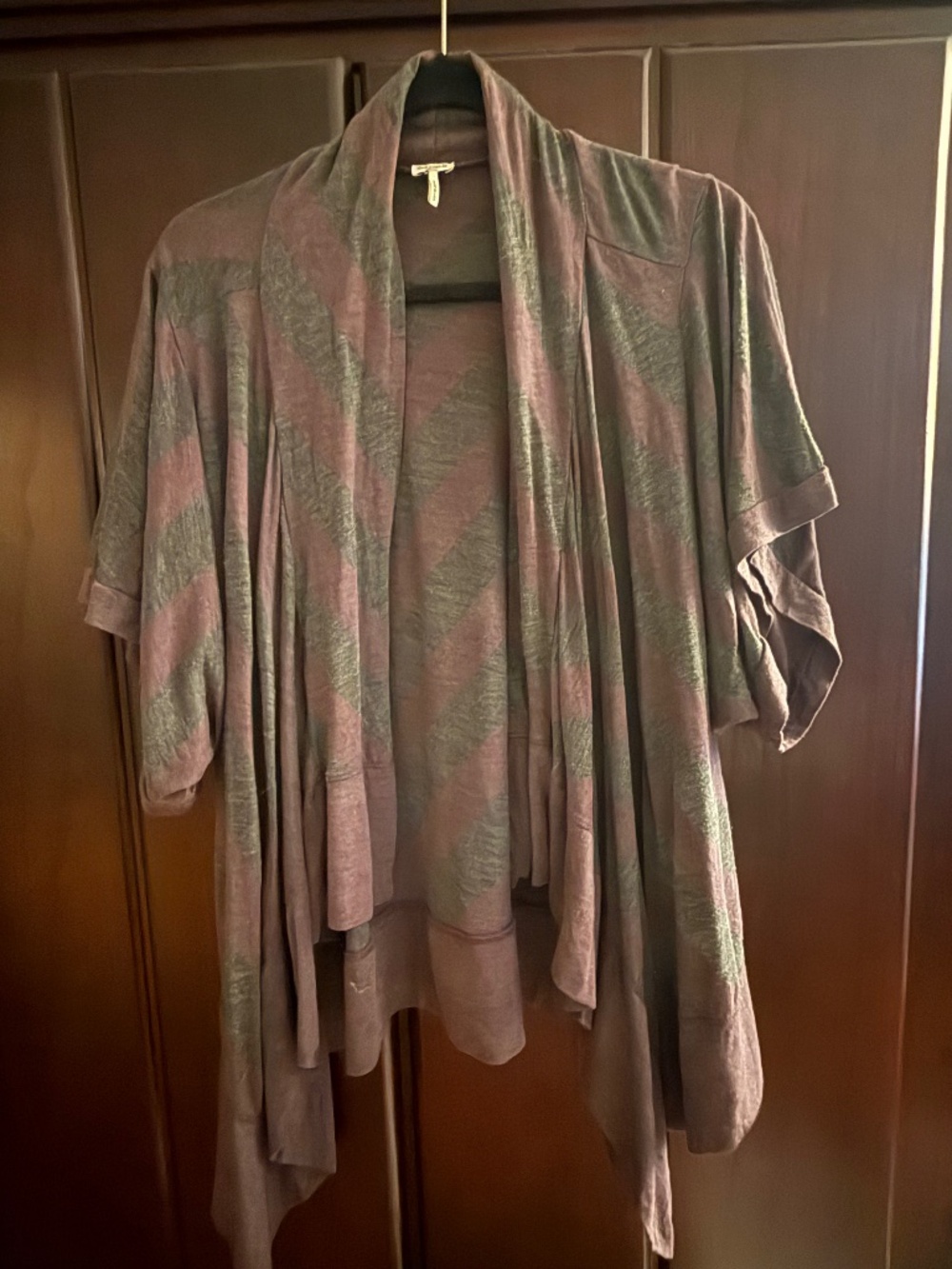 Splendid Plum Gray Striped Draped Open Front Cardigan
